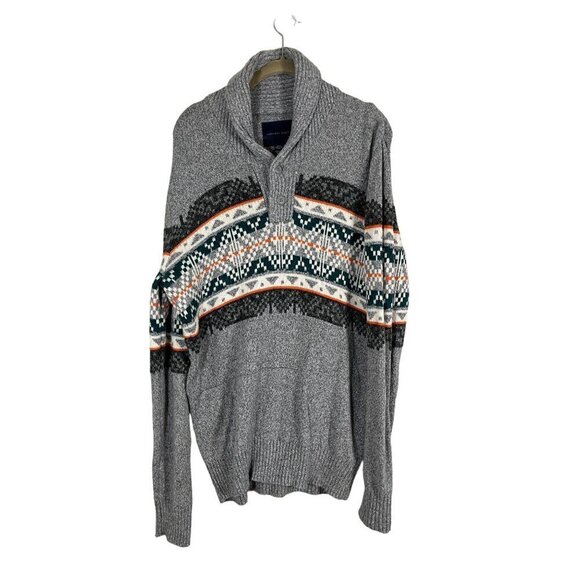 American Eagle Sweater Men M Gray Grandpa Cardigan Chevon Fair Isle Retro 80s - Picture 1 of 12